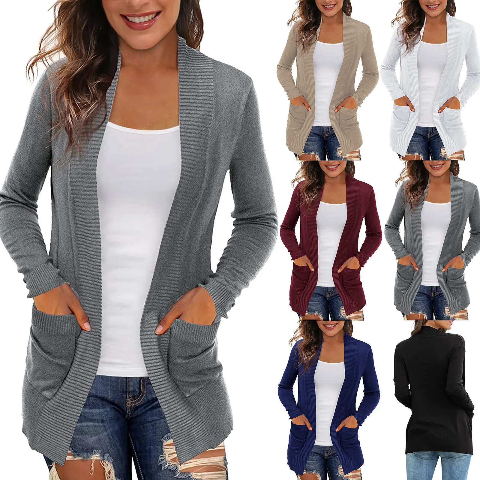 Women's Casual Long Sleeve Open Front Lightweight Loose Cardigan with Pockets 