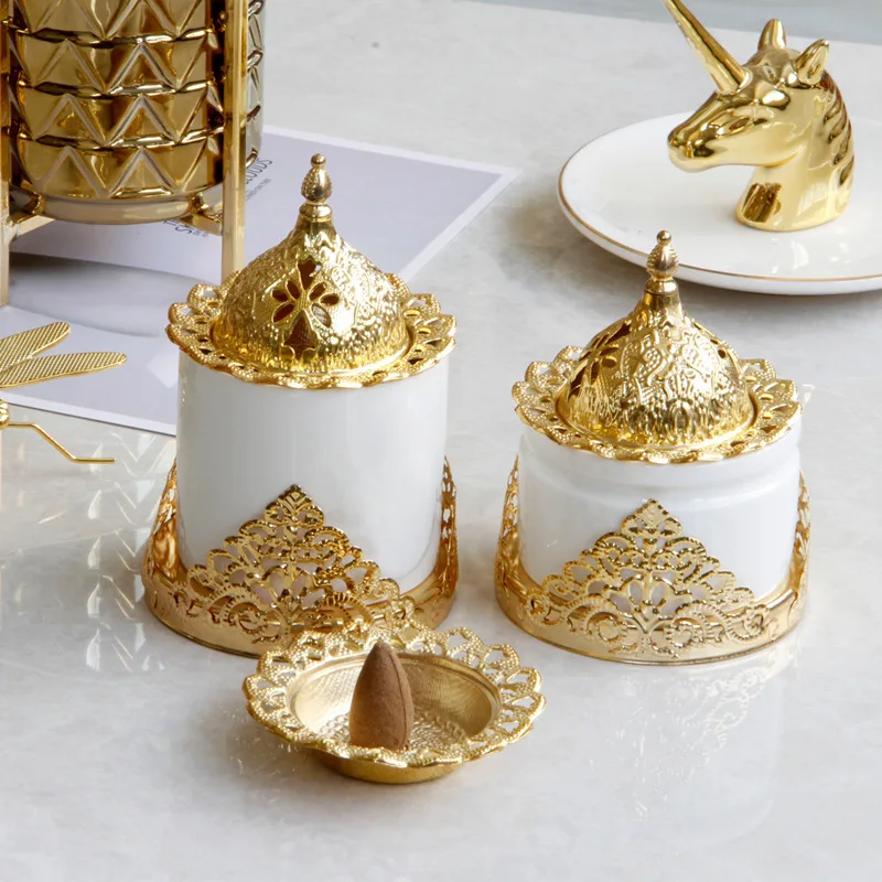 

Creative golden wrought iron ceramic combination incense burner aromatherapy furnace furniture decoration ornaments
