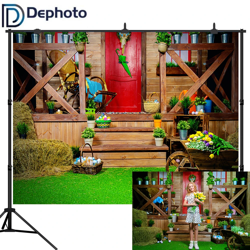 

Dephoto Easter Photography Backdrop Spring Wood Floor House Grass Flowers Photo Background Studio Photophone Shoot props