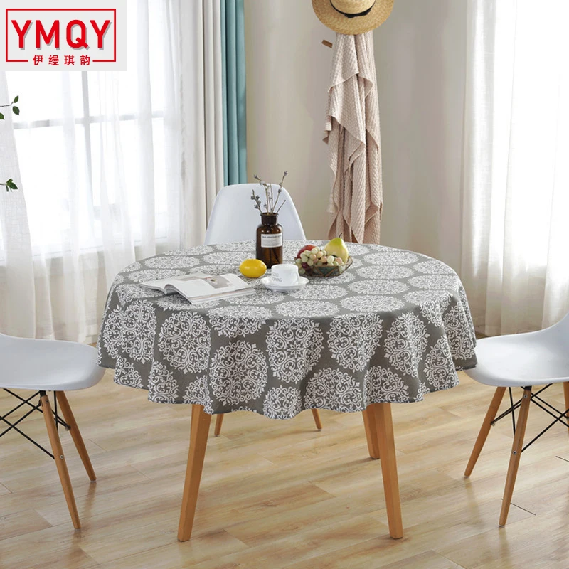 Европейская круглая скатерть с серым цветком из хлопка и льна для украшения