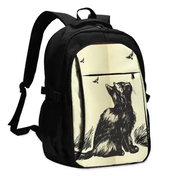 

Bags School Bags For Boy Girl TeenagerHand Drawn Cat Looking Up At Flying Birds In The Sky USB Charge Computer Laptop Back Pack
