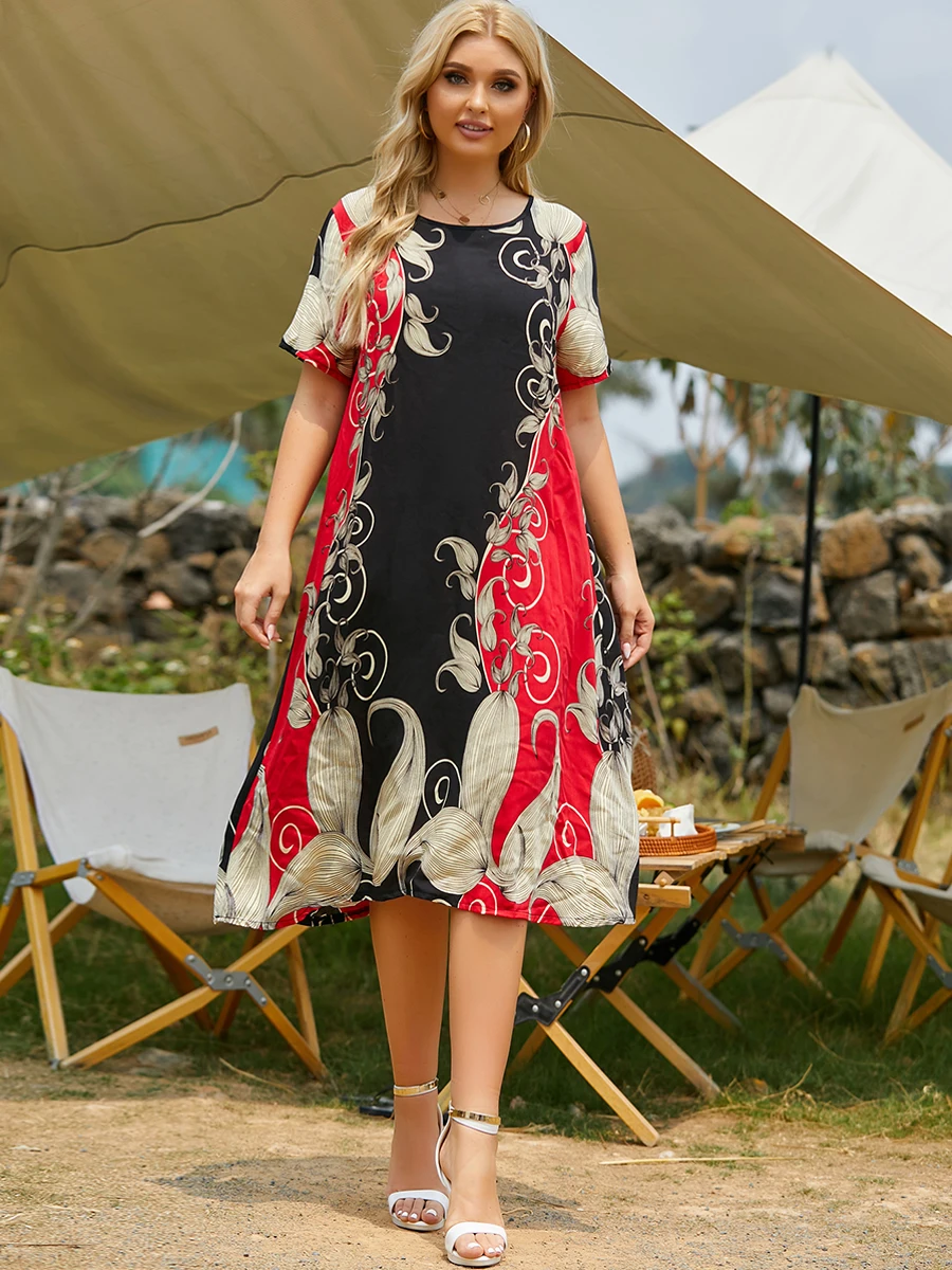 2021 Summer Sundress Plus Size Women Short Sleeve Floral Print Casual Dress  4XL Big Size Loose Oversized Maxi Long Beach Dresses