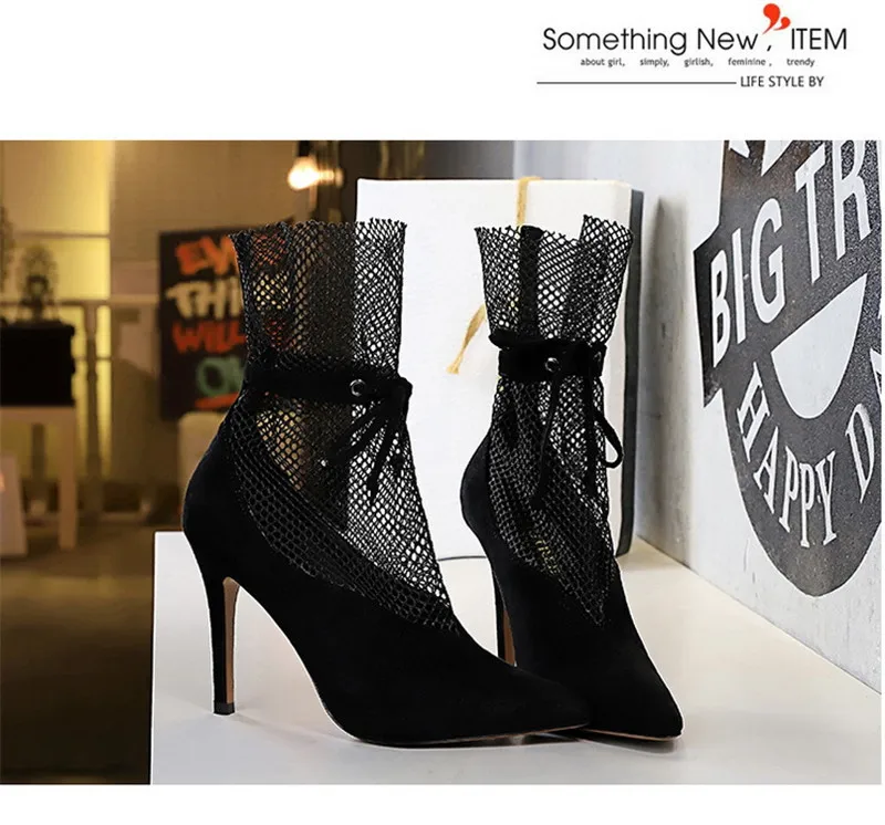 Sexy Pointed Toe V-Mouth Stilettos Mesh Hollow Skinny Lady Ankle Boot Thin High Heels Spring Summer 2020 New Pumps Shoes Woman (2)