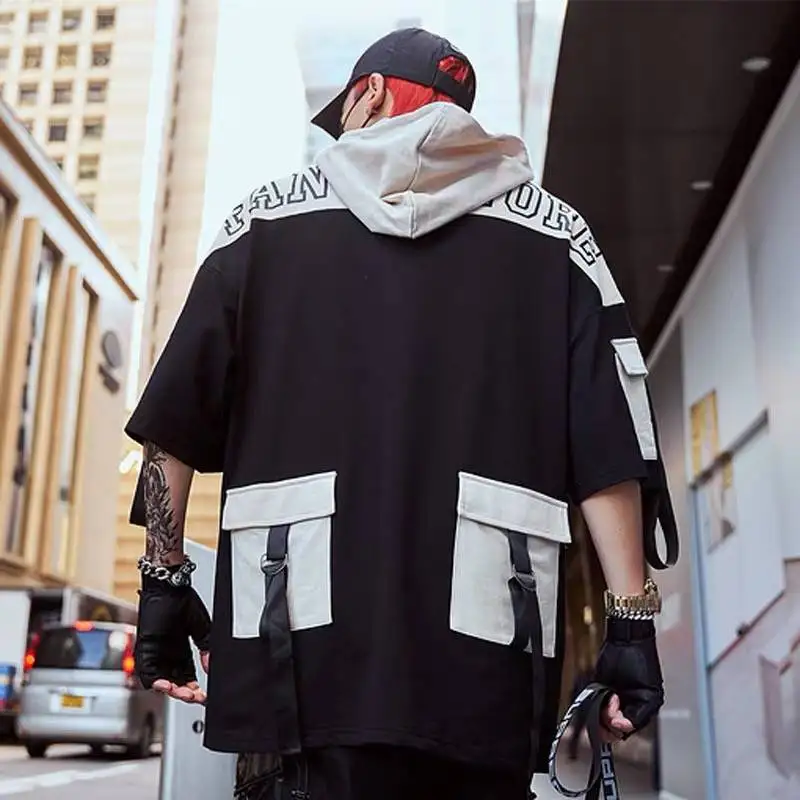 Мужская футболка в стиле хип-хоп, уличная Футболка Harajuku, негабаритная летняя черная футболка с капюшоном, корейские футболки для мужчин