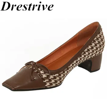 

Drestrive Women's Pumps Bow Knot Square Toe Genuine Leather Mid Thick Heels Patchwork Shallow Black Cow Leather 2020 Spring