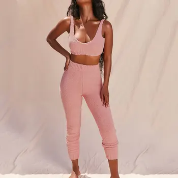 

2pcs solid color clothing set for Women Plush Clothes Sling Sleeveless vest Tops+pants Casual Outfits spring Fall