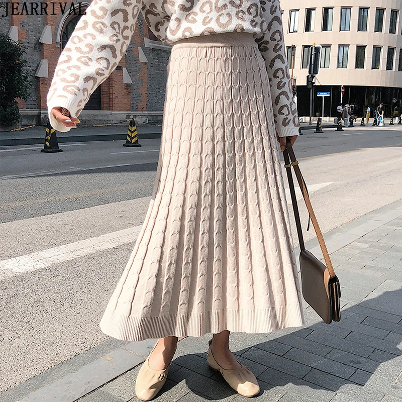 Теплые длинные вязаные зимние OL юбки женские с высокой талией эластичные повседневные модная плиссированная юбка женская миди юбка saia faldas Mujer