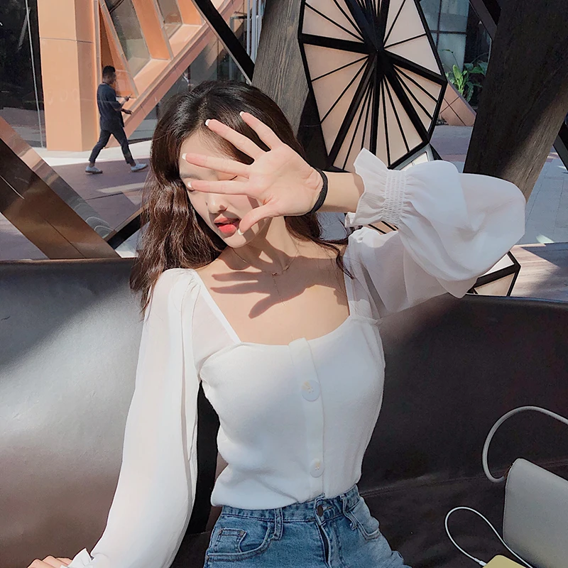 Women Slim Patchwork Chiffon Full Lantern Sleeve Square Collar Cropped T-Shirts Lady Knitted Stretchy Crop Tops Tshirt For Girls