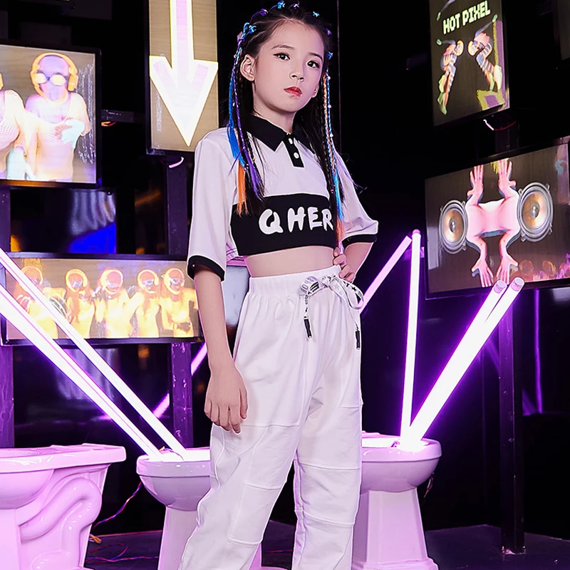 

Children Street Dance Costume Girls Hip Hop Handsome Clothing Jazz Dance Performance White Clothes Catwalk Show Wear DQL2464