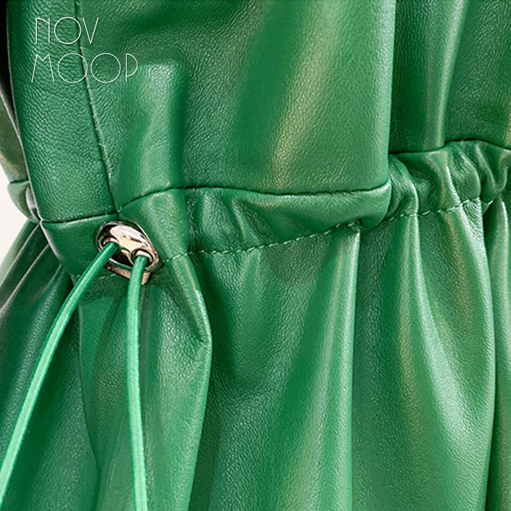 Novmoop genuine leather women ruffle dress adjustable waist strip solid  color elegant sweet lady Robe en cuir LT3460 - AliExpress 200000345