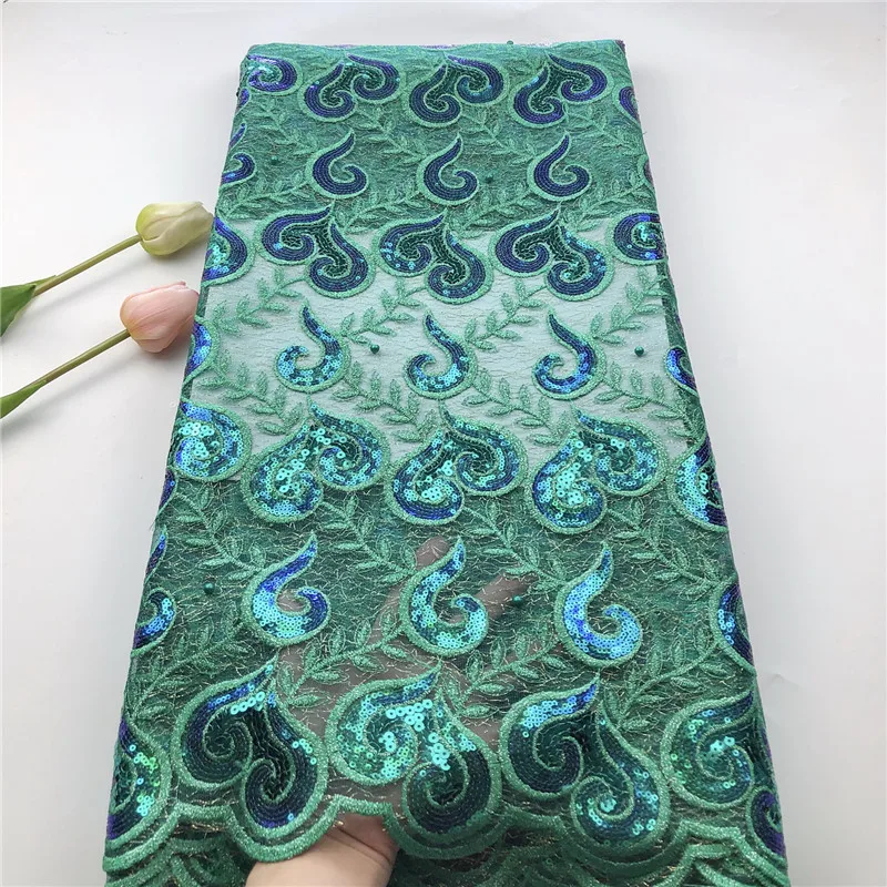 

2019 Latest African Net Lace Fabric, High Quality Nigerian Double Layer Mesh Cloth Lace with Beads And Sequins 5 Yards Green
