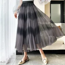 

2021 Woman Spring New Pleated Skirts Double Layer Gradient Gold-sprinkled Mesh Skirt Women Cute High Waist Elastic Korea Clothes
