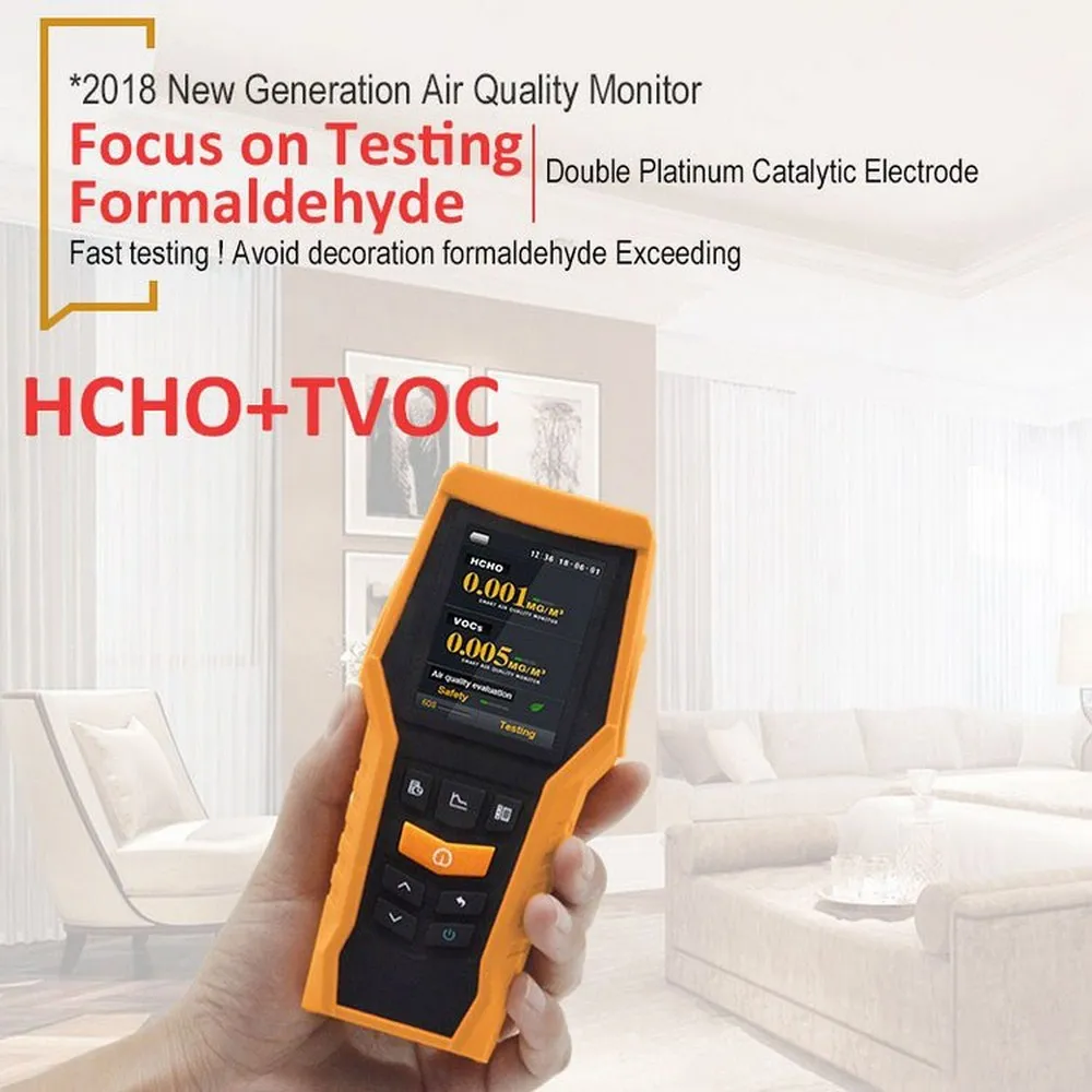 

HCHO Detector TVOC Particle 0.001mg/m Digital Formaldehyde Time Date 2.4 Inch Screen Storage Data Air Quality Gas Tester