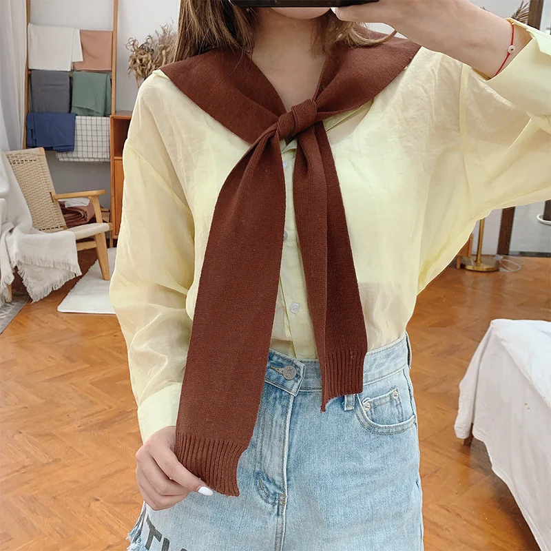 Корея Cravat твердый шарф женский имитация кашемира полосатые шарфы обертывания Wram пончо женский меховой воротник Леди шали-покрывала - Цвет: Небесно-голубой