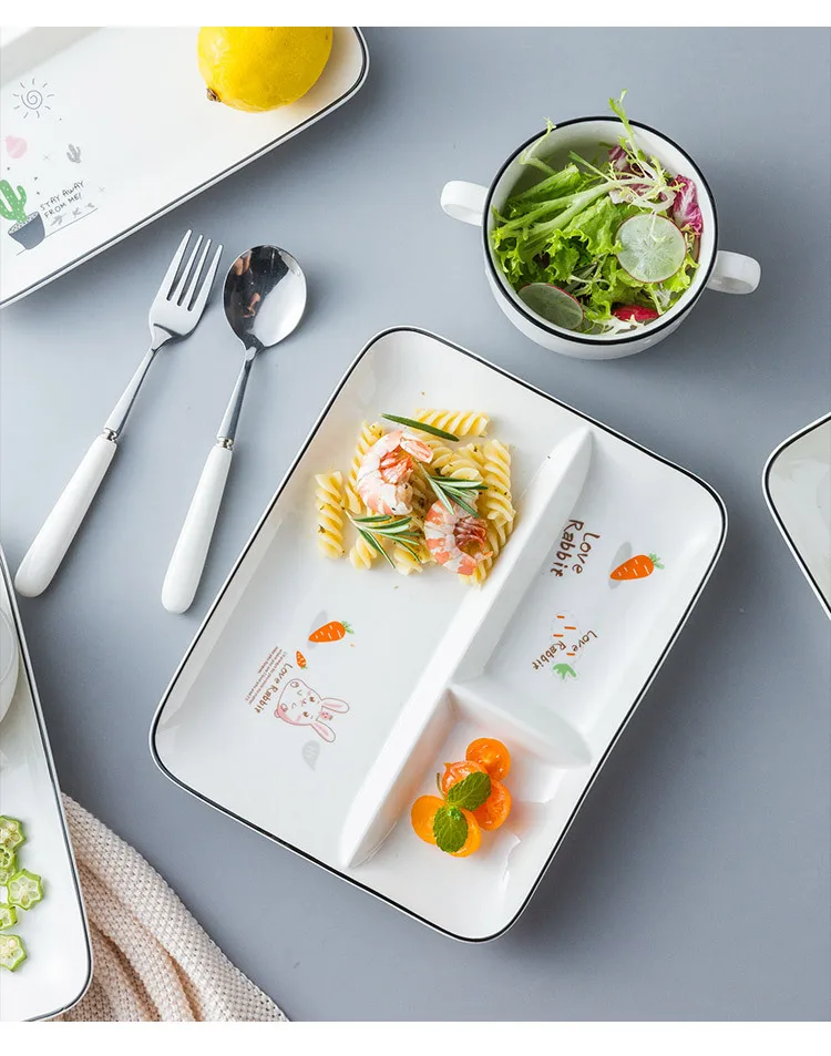 Students Eating Three-lattice Plate Children fen ge pan One Person Food Breakfast Tableware Restaurant Canteen Snack Plate Ceram
