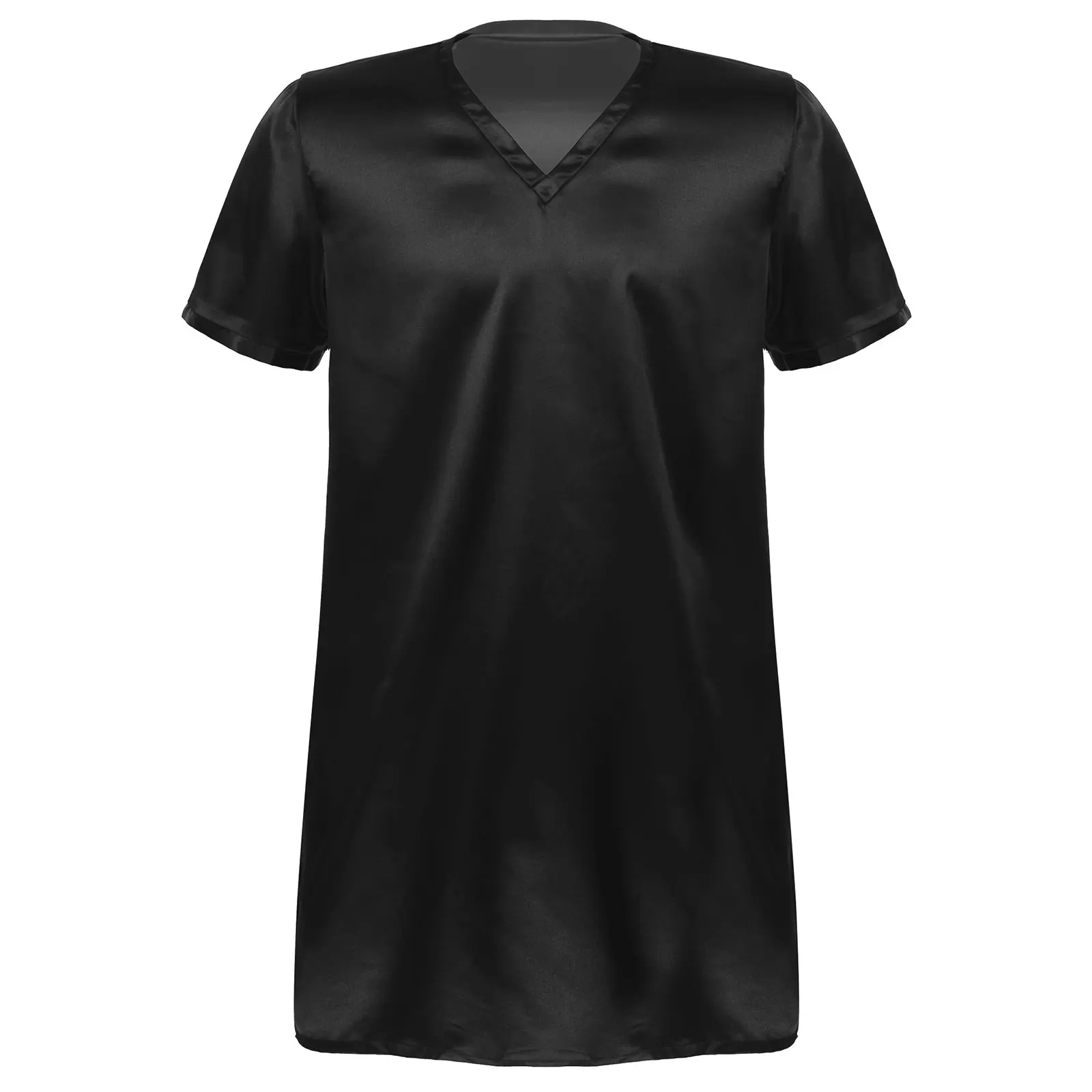 Men Women Satin Nightgown Robes V Neck Short Sleeve Sleepwear Nightclothes Homewear Sides Split Nightwear Sissy Comfort Dress