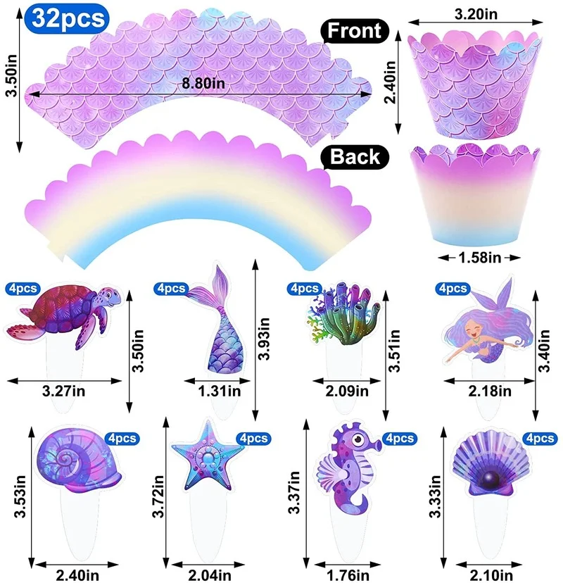 Mermaid Cupcake Toppers Wrappers Mermaid Cupcake Liners Under The Sea Cake Decorations Birthday Party Dessert Dress Up Supplies party decorations birthday party supplies cake topper cake decorations cake toppers cupcake supplies