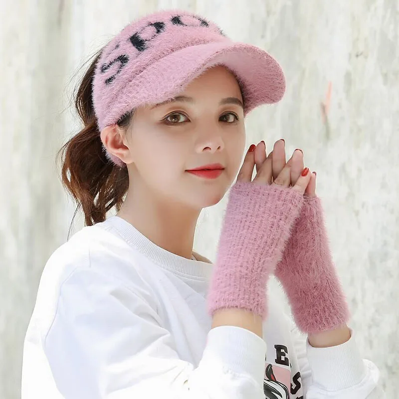 

Autumn And Winter Female Gloves Skullies Ski Cap Beanie Knitting Baseball Hats Women Winter Eye Protection Visor Cap