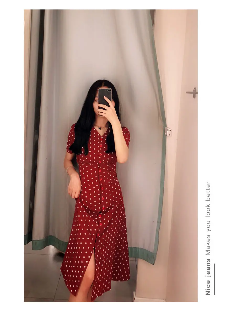 Short Sleeve Dress Women V-neck Polka-dot Chiffon Elegant Chic Single-breasted Chic Slender Sexy High-waist Korean Retro Grils homecoming dresses