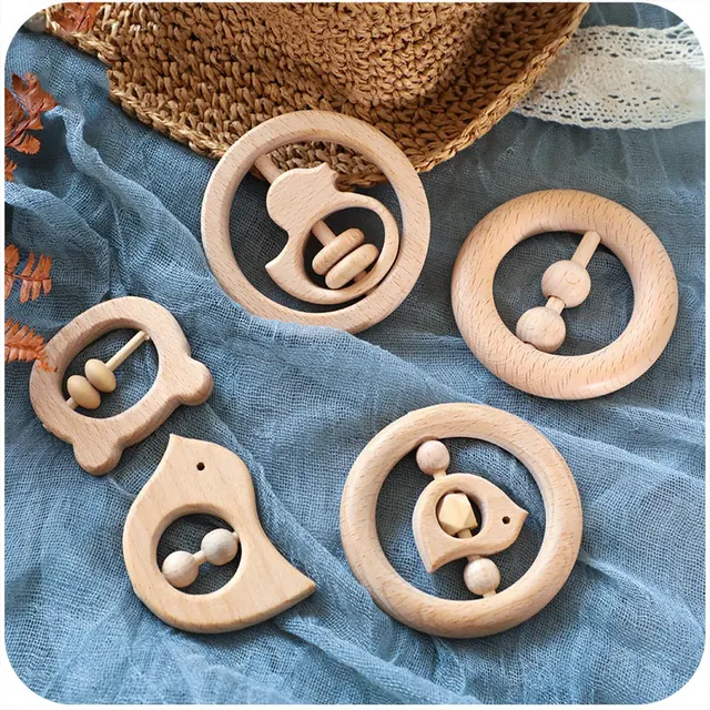 1pc Baby Toys Wooden Rattle Animal Birds Moon Ring Bpa Free Montessori Educational Toy Toddler Rattle Newnorn Gifts For Kids Toy 1