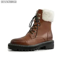 Женские ботильоны из натуральной кожи в байкерском стиле зимние ботинки повседневная обувь на высоком толстом каблуке со шнуровкой женские большие размеры 42, 43