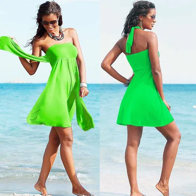 Женское пляжное платье, бикини, накидка, летняя, обернутая грудь, без рукавов, Одежда для пляжа, сексуальный купальный костюм, накидка размера плюс, бикини, саронги - Цвет: Зеленый