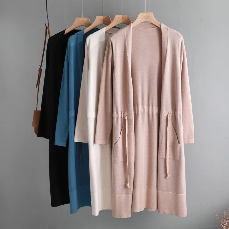 

2019 Autumn winter Drawstring knit Cardigans Women midi long sweater Cardigan Female outwear Jacket Coat with pocket new