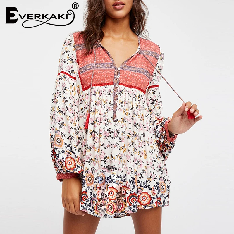 

Everkaki Boho Print Mini Dresses Women Vestidos Long Sleeve Loose Vintage Buttons V Neck Tied Short Dress Female 2019 Autumn New