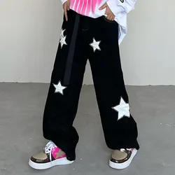 Padrão de estrelas retro bolso solto all match casual jeans retas harajuku streetwear oversized calças de brim de cintura alta 2021 novo