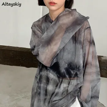 여성용 긴팔 티셔츠, 시크한 타이 다이 디자인, 메쉬 하라주쿠 빈티지 여성 상의, 얼짱 레트로 하이 스트리트 십대 의류, 봄