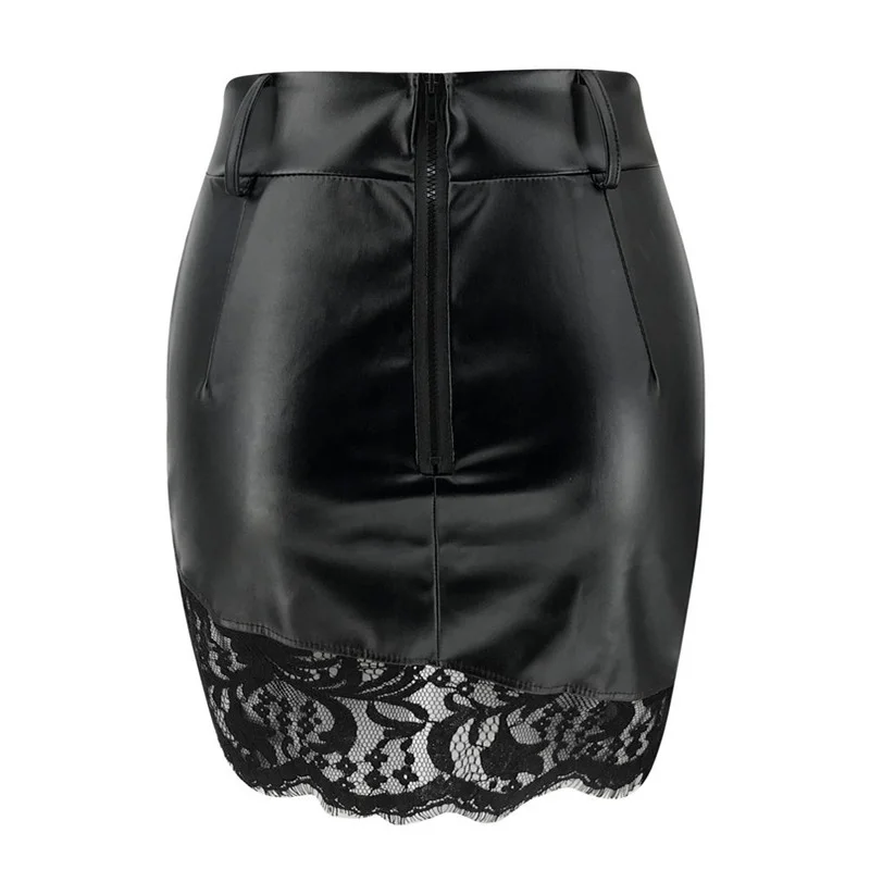 Hot Sale Elegant PU Leather Skirts Patchwork Lace Back Zipper Women Skirt Spring Winter Skinny Black Ladies Bag Hip | Женская одежда
