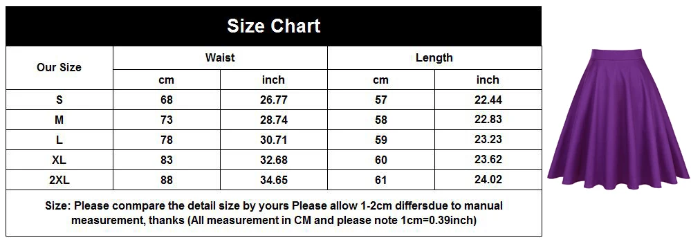 mid length pleated skirts size chart