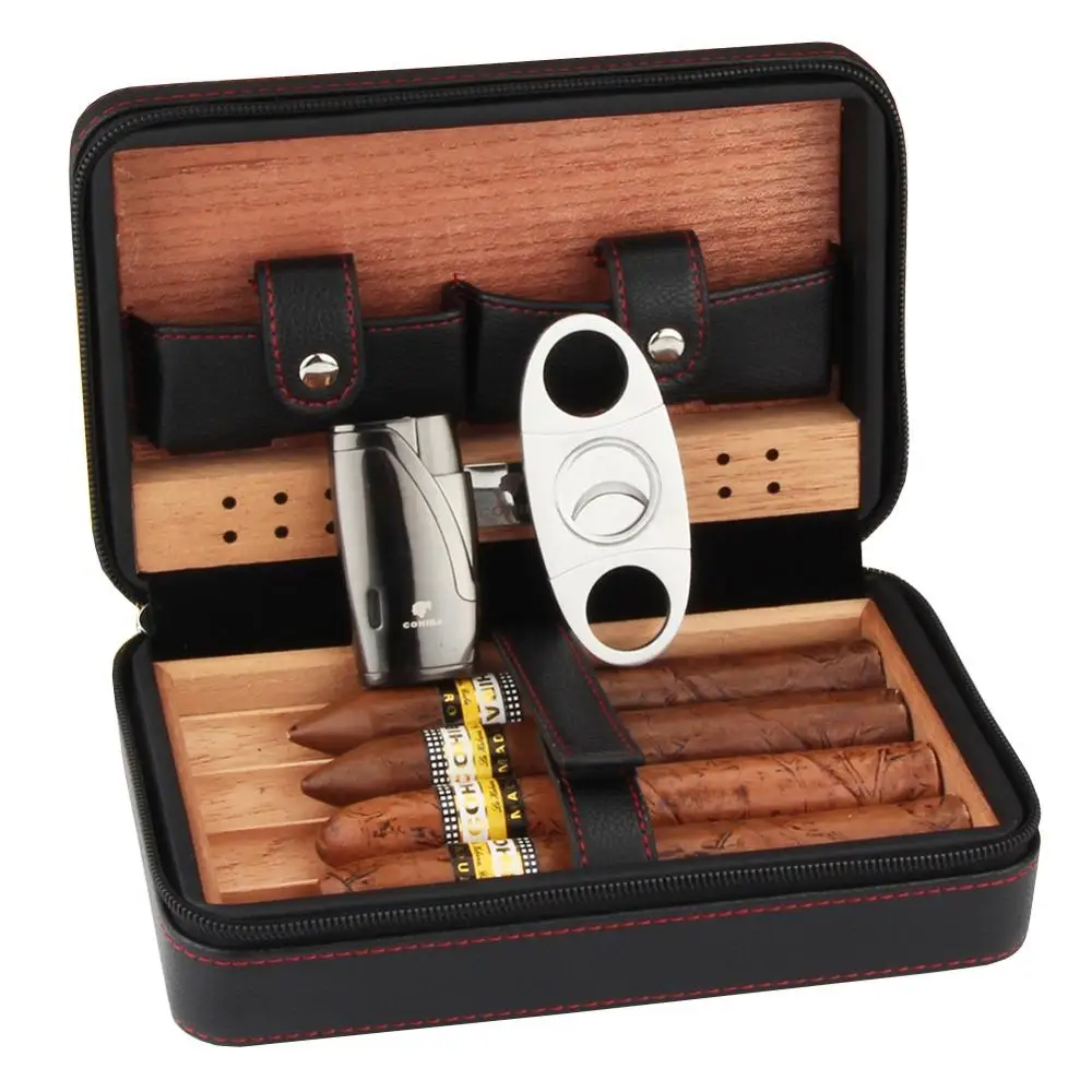 Sliver lighter COHIBA, кедровое дерево, хьюмидор для сигар, портативный кожаный чехол коробка для сигар с зажигалкой, резак, увлажнитель, коробка для увлажнения - Цвет: Sliver lighter