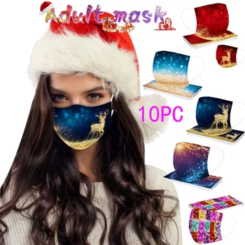

Mascarilla 10pcs Mouth Caps Disposable Adult Christmas Print Face Mask Fashion Protection Disposable 3 Layer Earring Masks
