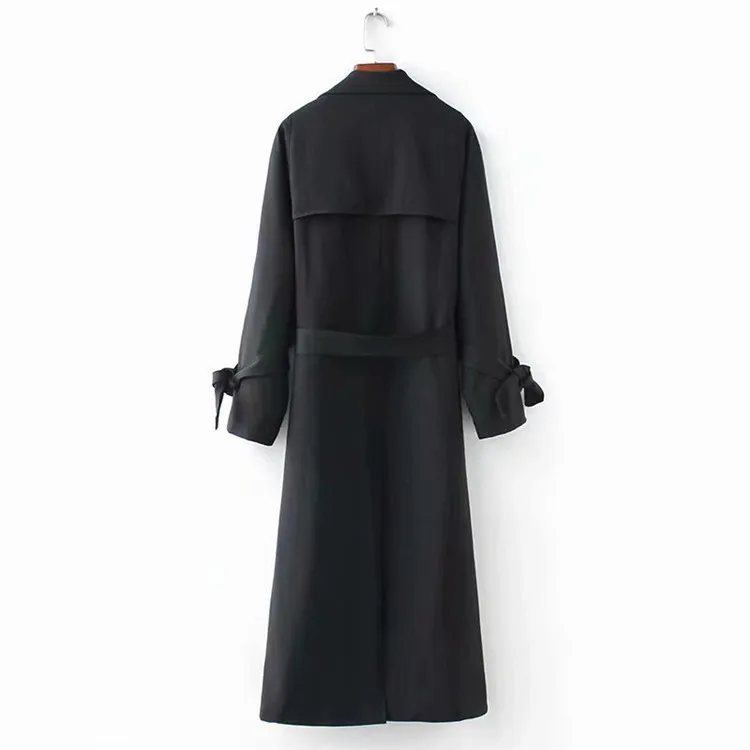 

Cxl-xl6033 Fold-down Collar Solid Color Double Row Ornament of Belt Long Trench Coat