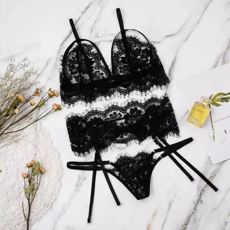 Sexy Women's Lace Bra 3-piece Set Sexy Lingerie Transparent Bra Thong Garter Belt Erotic Exotic Set Women's Lace Lingerie