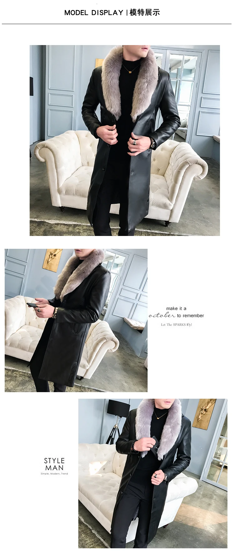 Chaqueta Cuero Hombre, большой меховой воротник, мужской Тренч из искусственной кожи, мужские пальто, новинка, роскошный жилет, Homme, облегающие длинные пальто