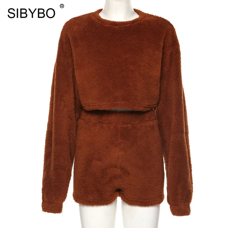 SIBYBO осенне-зимний комплект из двух предметов с высокой талией, Женский бархатный сексуальный комплект с длинным рукавом, женские толстовки и шорты, повседневный женский спортивный костюм