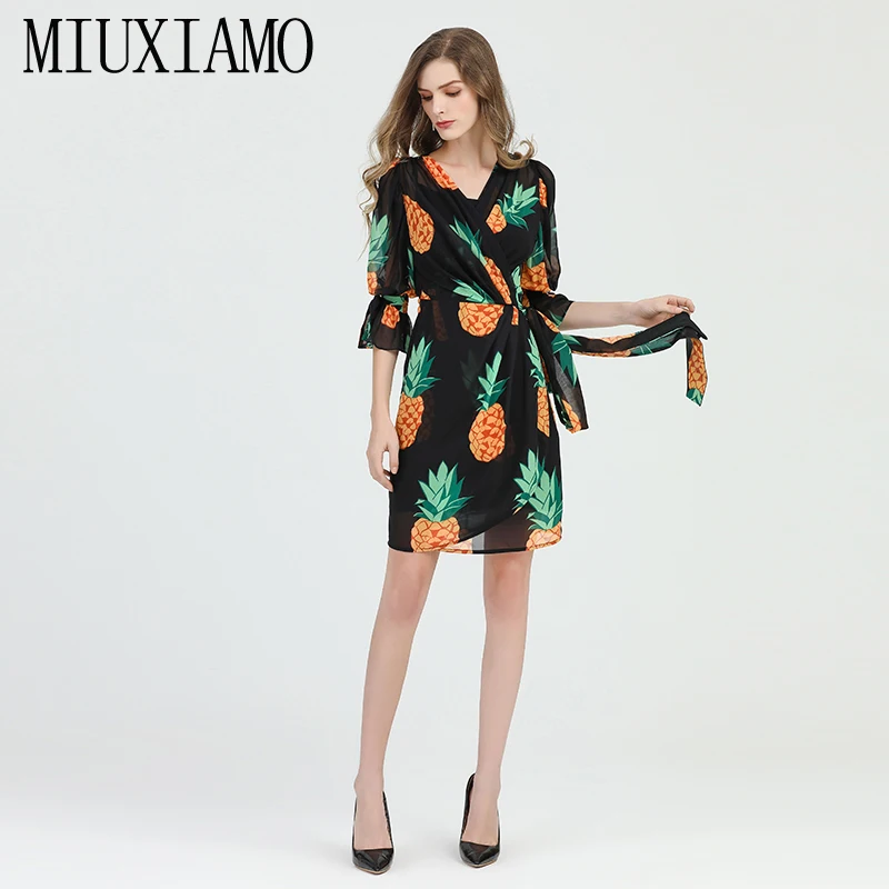 MIUXIMAO, высокое качество,, подиум, дизайнерское, весеннее платье, с принтом ананаса, элегантное, повседневное, Пляжное Платье, Повседневное платье для женщин, vestidos