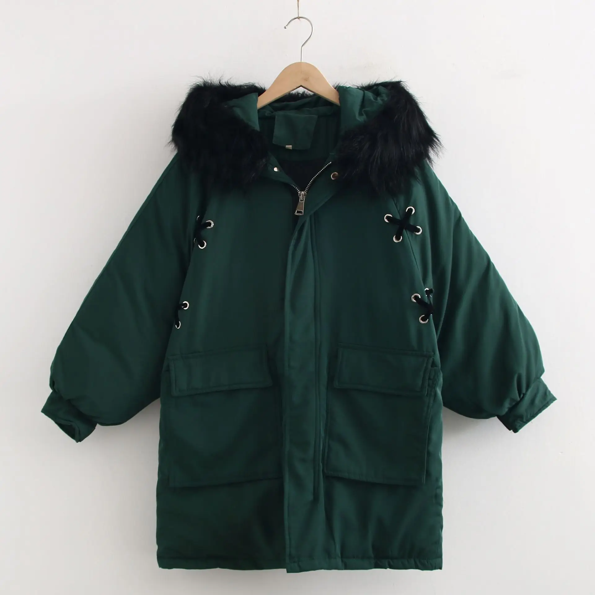 

X0005-Korean-style WOMEN'S Wear 2019 Autumn And Winter New Style Two Pocket Drawstring Fur Collar Hooded Hidden Button Zipper Co