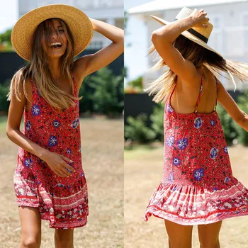 

Nice Pop Women Sling Dress Bohemia Style Printed V Neck Dress For Summer Pop 88
