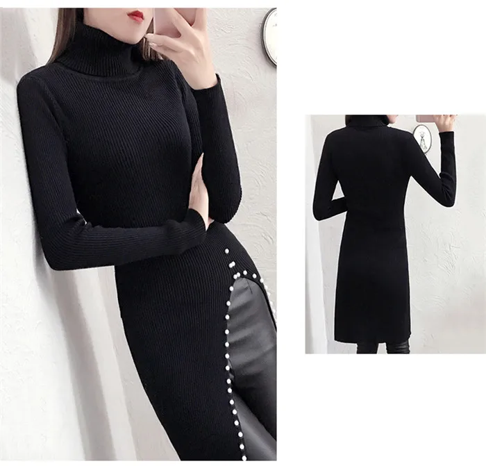 Autumn Winter High-Neck Sweater Women Mid Long Pullover Knitwear Temperament Slim Split Top Female Knitted Sweater XIN203