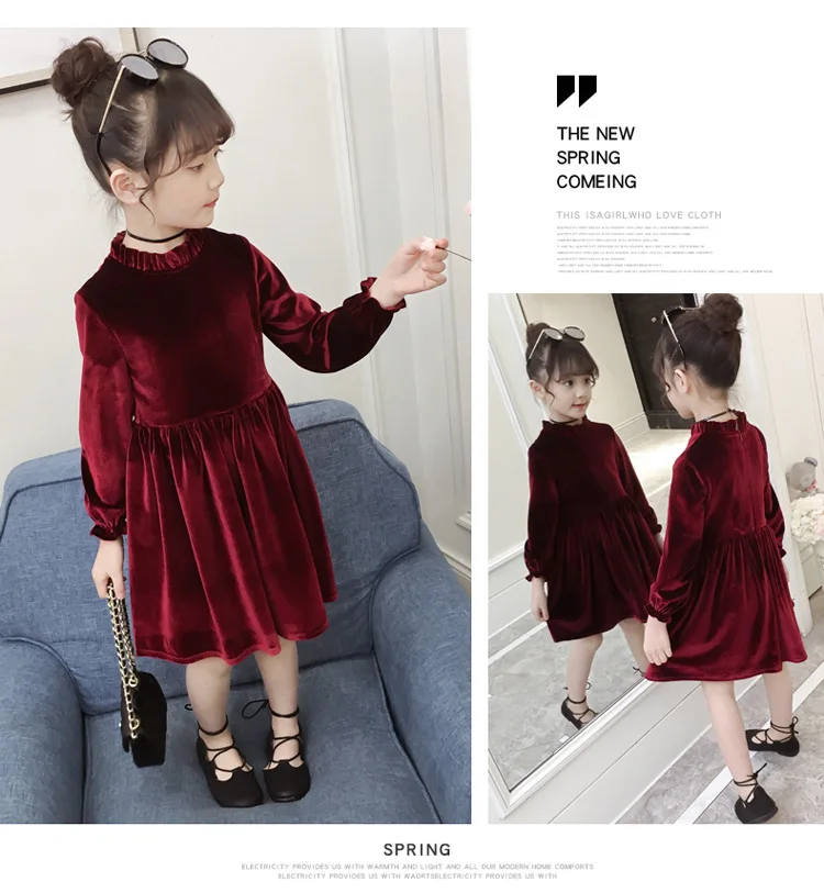 Платье для девочек осень г. Модная детская одежда детское однотонное платье Шелковый бархатный костюм принцессы vestidos 4, 6, 8, 10, 12 лет
