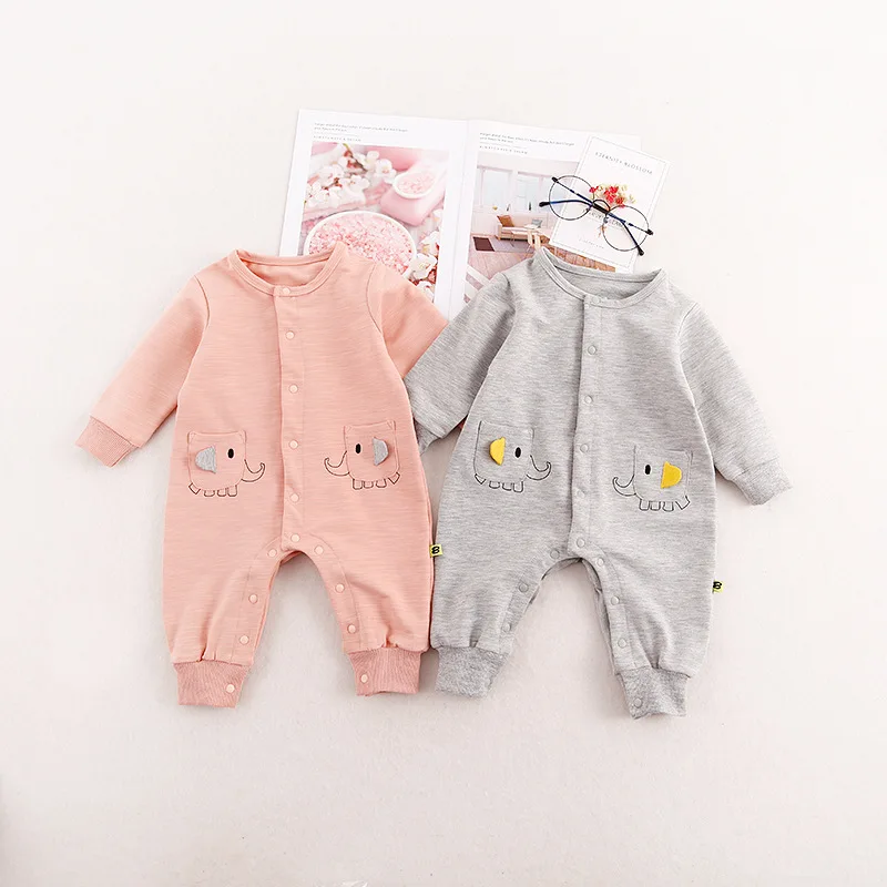 

2018 Baby Spring Open Front Cartoon Elephant One-piece Romper Infants Baby Small Pocket Casual Nursing Crawling Clothes
