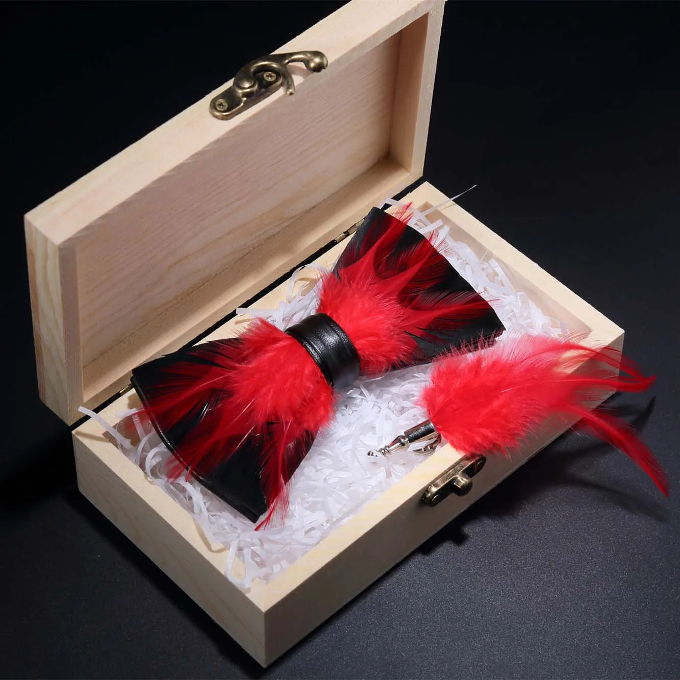 RBOCOTT оригинальные зеленые Птицы Перо галстуки-бабочки натуральная ручная работа брошь-бант в деревянной коробке Подарочная коробка набор
