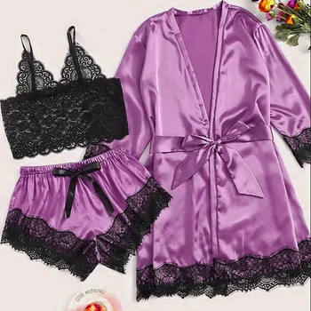 

3pc Pijama Women Pajama Set Sexy Lace Bralette Striped Bathrobe Nightwear Sleepwear Suit Satin Pajamas Women Pijama Mujer