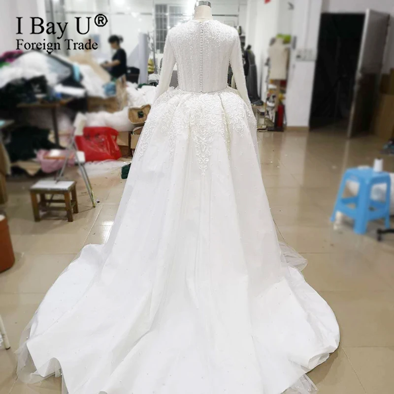 Дубай оболочка с длинным рукавом Русалка свадебное платье Vestido De Noiva со съемным шлейфом роскошная кружевная аппликация, свадебное платье