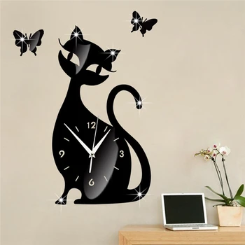 

3D Acrylic Clock Mirror Sticker Watch Cute Cat Butterfly Wall DIY Creative Clock Home Decoration Quartz Clock Wall Sticker J50