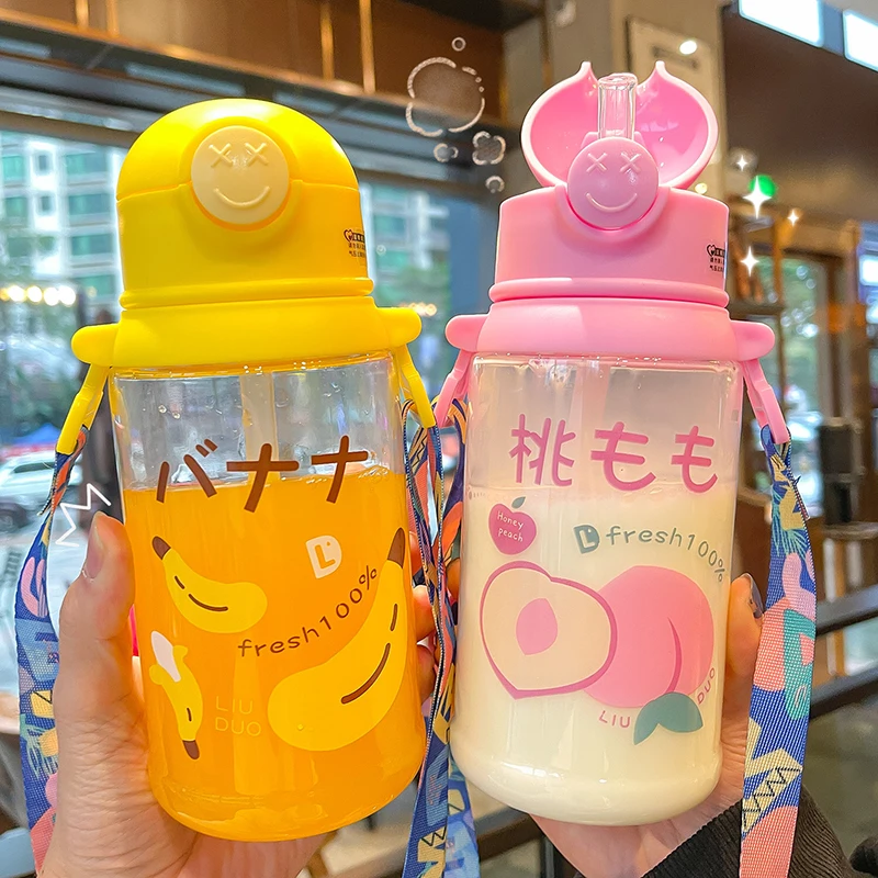 

Summer Cute Fruit Drinking Bottle Large Capacity Clear Plastic Cup With Straw Kawaii Girl Kids Outdoor Portable Sippy Water Cups