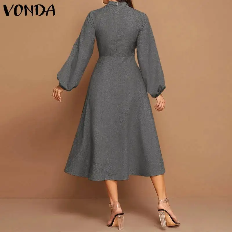 VONDA 우아한 드레스 2020 가을 봄 긴 랜턴 슬리브 셔츠 드레스 여성 플러스 사이즈 솔리드 숙녀 로브 보헤미안 Vestidos
